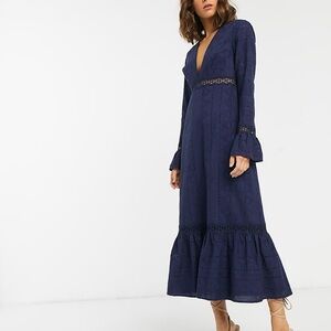 NWT ASOS Women’s Plunge Broderie Maxi Dress Peplum Fluted Sleeves Navy Size 6